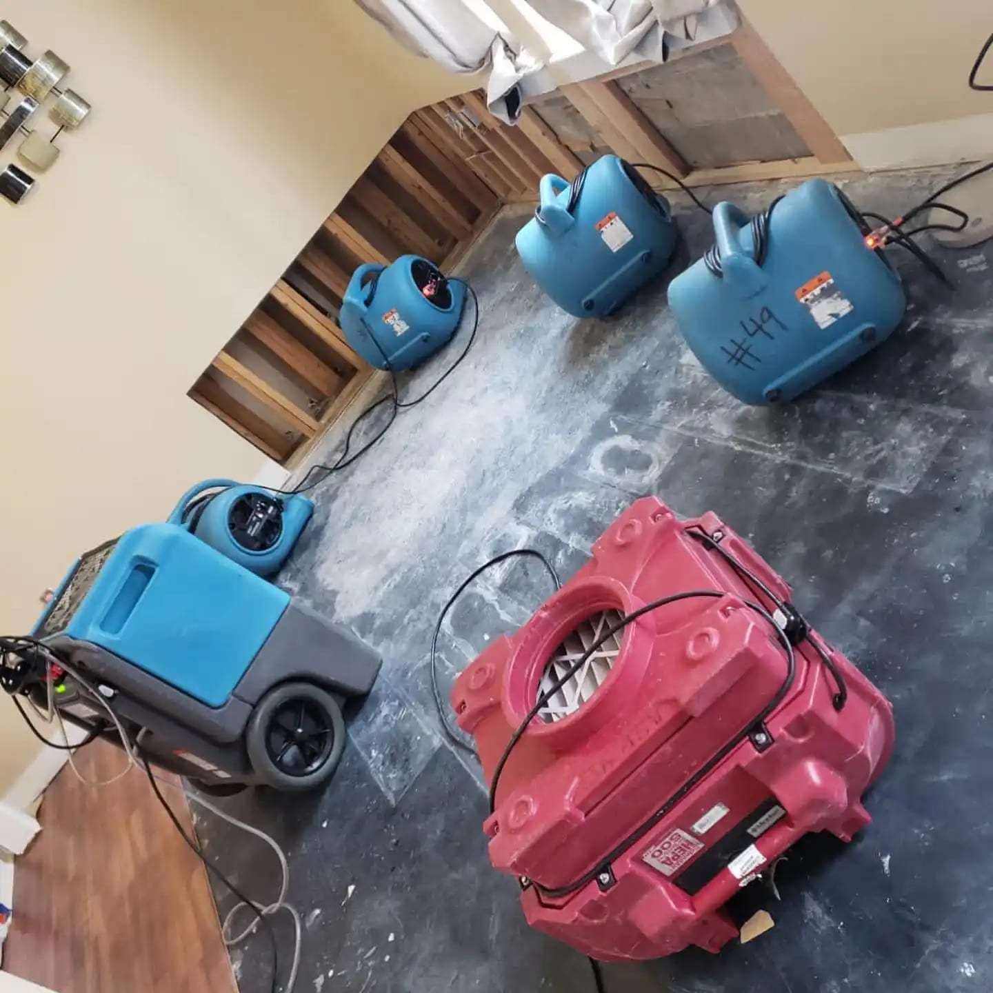 Air movers and dehumidifiers seen from above on a bare subfloor